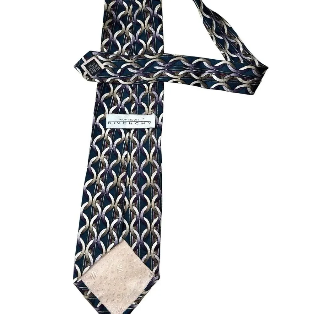 Vintage Givenchy Monsieur All Silk Teal Purple Beige Geometric Men's Neck Tie